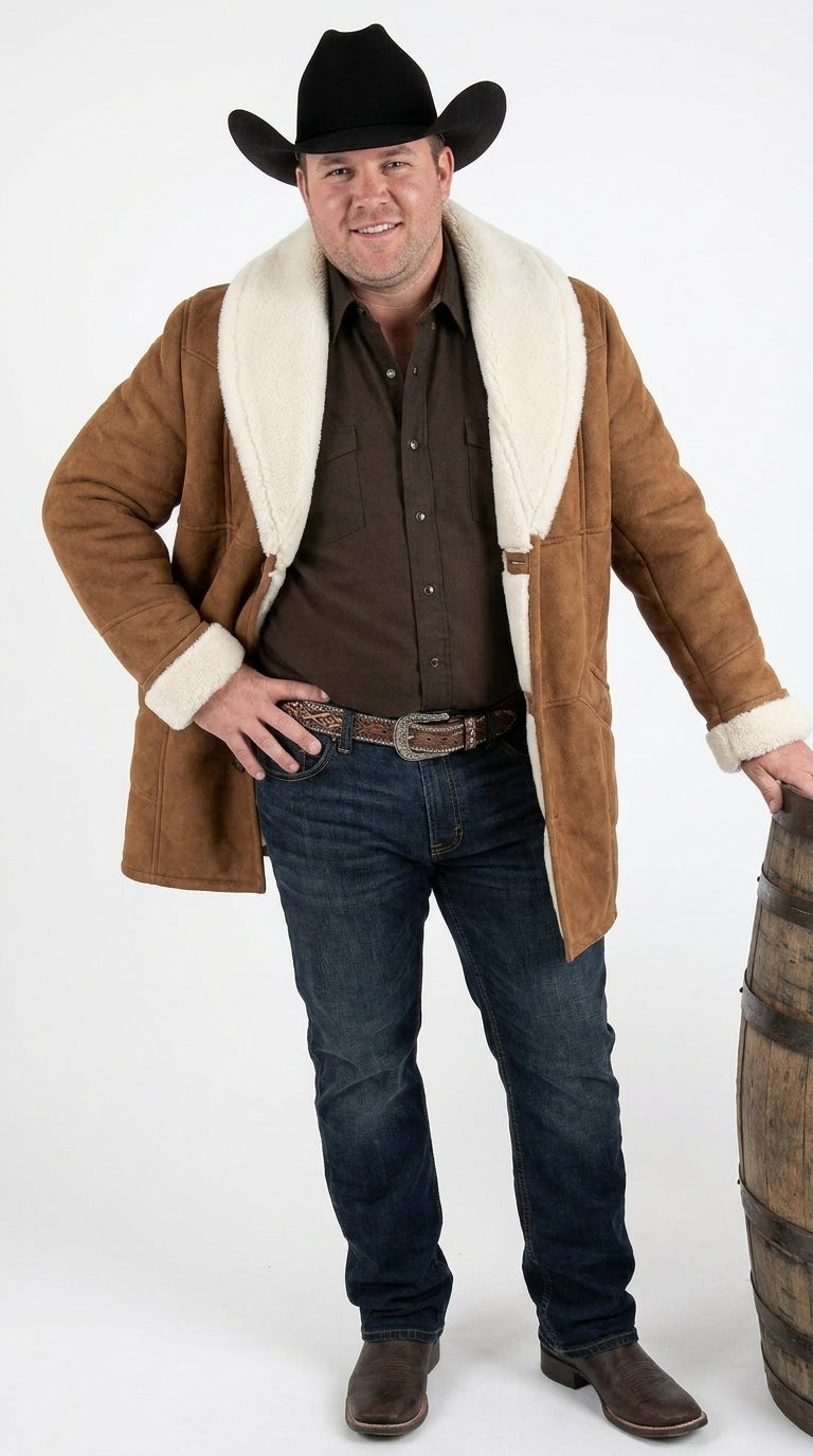 Men’s Long Brown Sheepskin Western Jacket, Cowboy Sherpa Style Ranch Coat