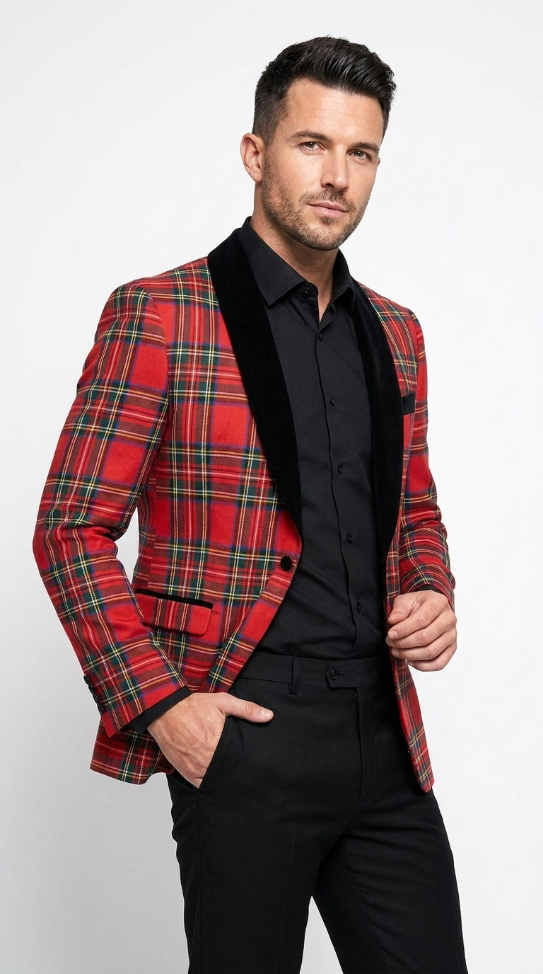 Men’s Red Tartan Plaid Shawl Lapel Holiday Blazer, PLAID-235 Formal Dinner Jacket