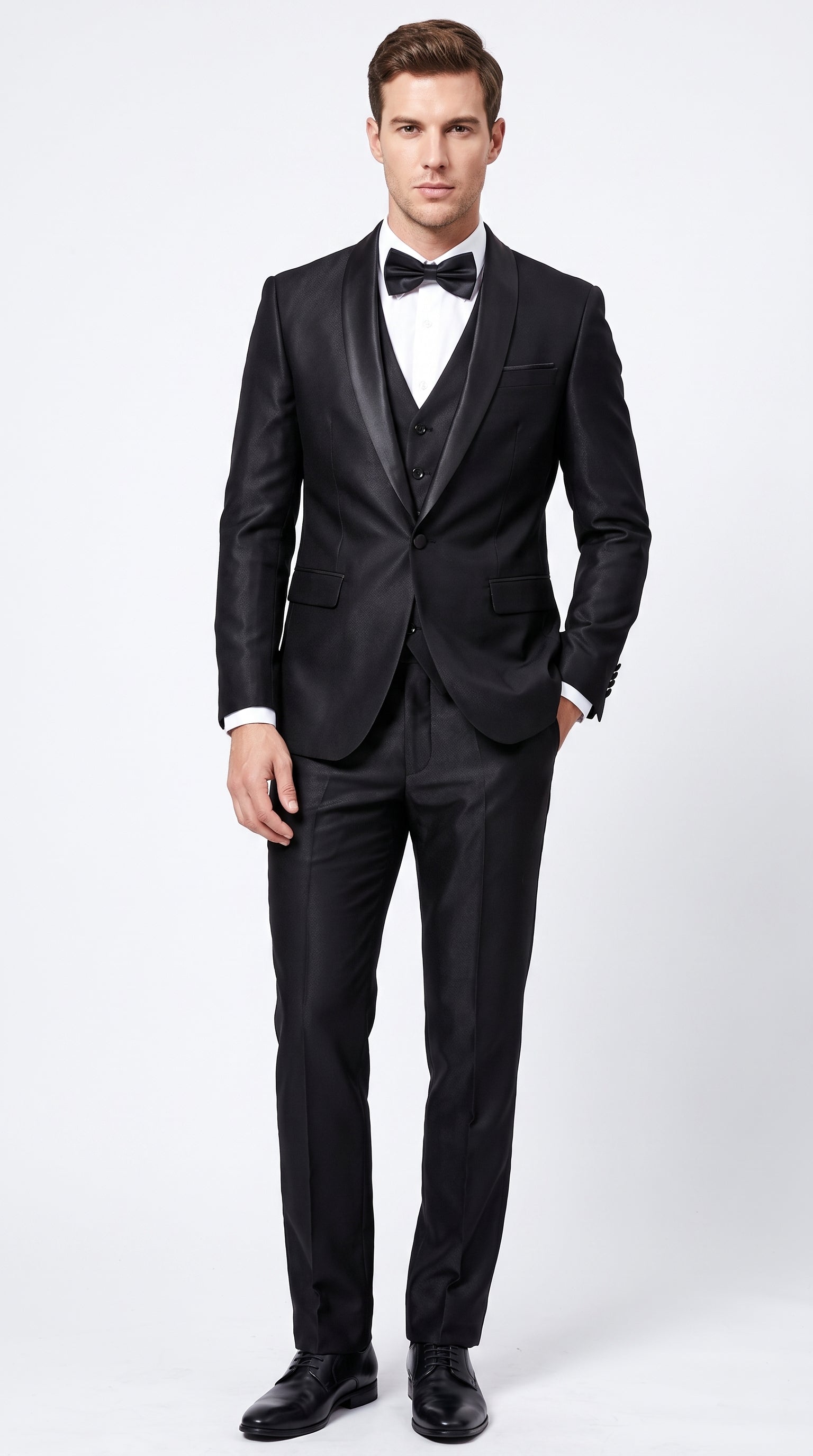 Men’s Black Sharkskin Vested Tuxedo, 1 Button Shawl Lapel Formal Wedding Prom Suit
