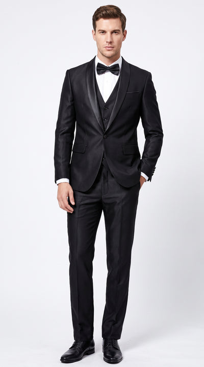 Men’s Black Sharkskin Vested Tuxedo, 1 Button Shawl Lapel Formal Wedding Prom Suit
