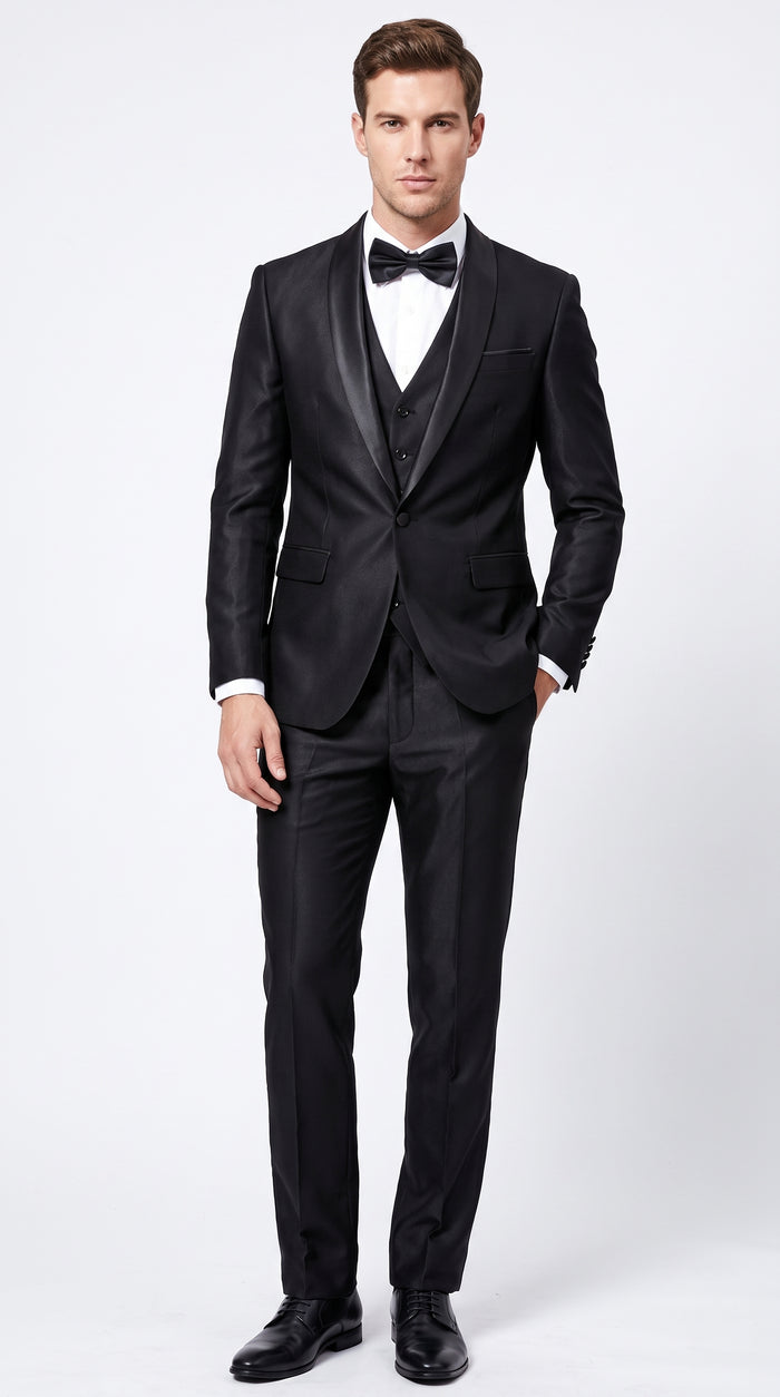 Men’s Black Sharkskin Vested Tuxedo, 1 Button Shawl Lapel Formal Wedding Prom Suit