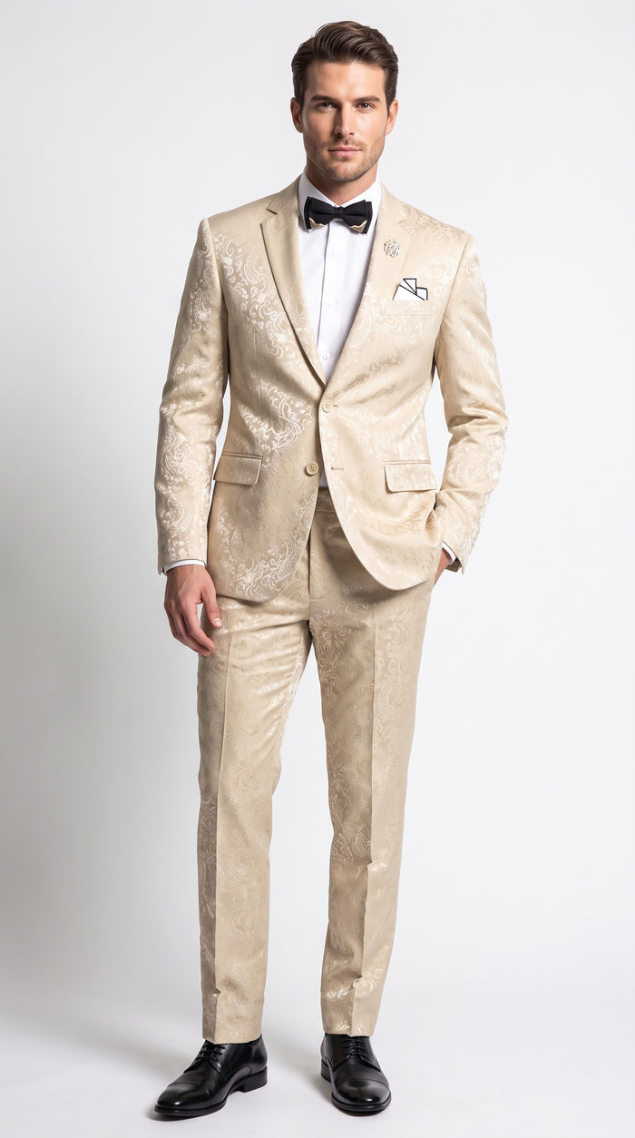 Men’s Champagne Paisley 2 Piece Prom Tuxedo, Formal Wedding Dinner Jacket Suit