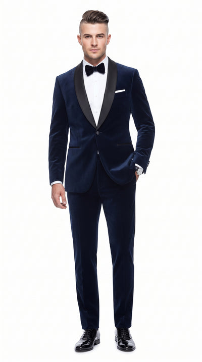 Men’s 007 James Bond Navy Wool Tuxedo – Black Satin Shawl Lapel Wedding and Formal Suit