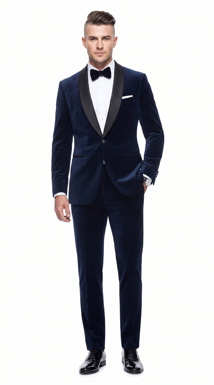 Men’s 007 James Bond Navy Wool Tuxedo – Black Satin Shawl Lapel Wedding and Formal Suit