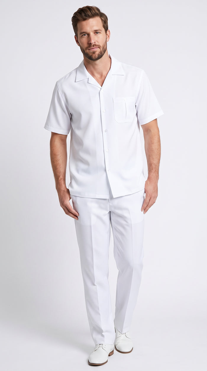 Men’s White Big and Tall Walking Suit, Short Sleeve Casual Shirt and Pants Set up to 6XL
