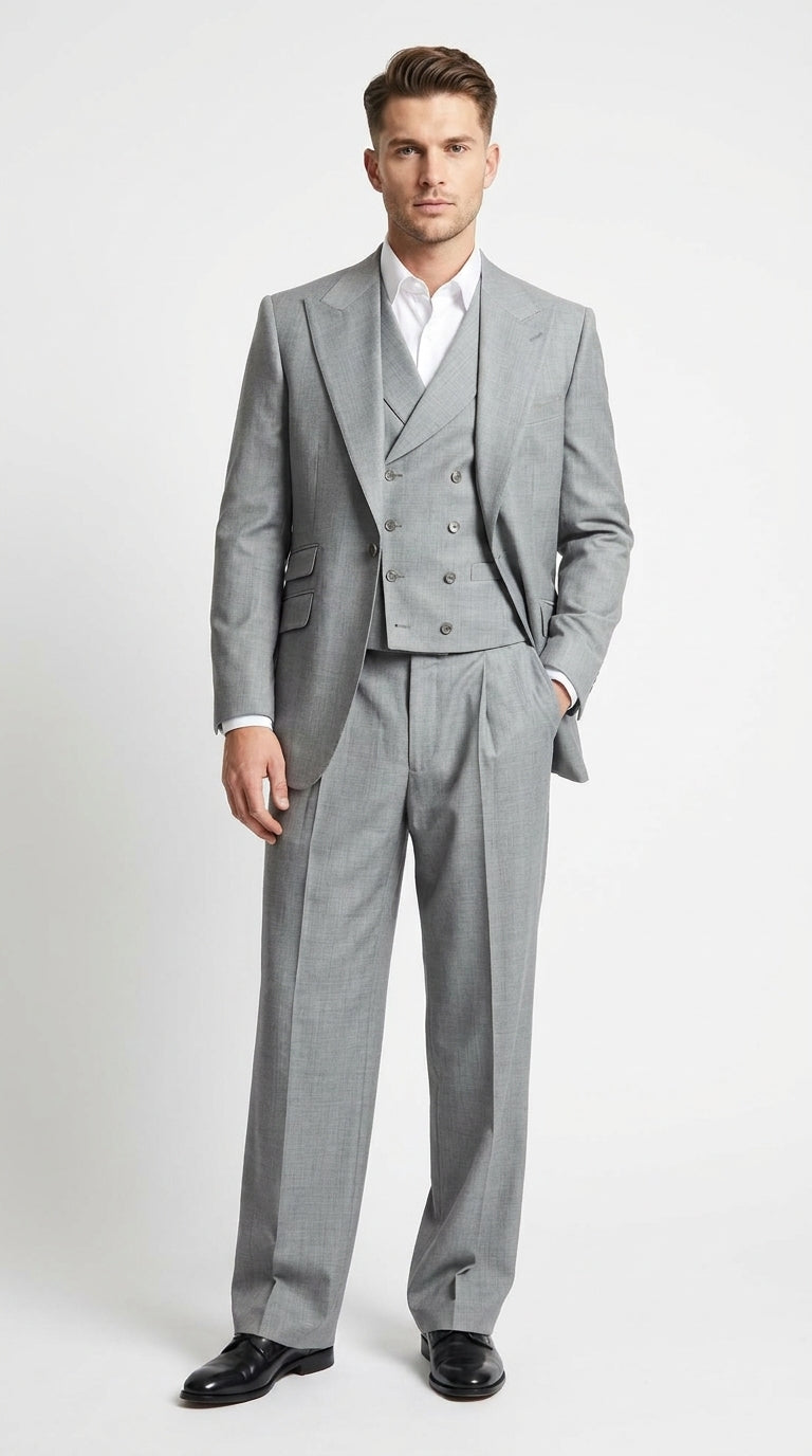 Men’s Grey Classic Fit 3-Piece Suit – Double-Breasted Vest with Pleated Pants for Atheltic Fit Real Super 150's Wool, Business and Formal Events
