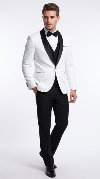 Men’s White Sharkskin Shawl Lapel Tuxedo, Black Trim Formal Wedding Prom Suit