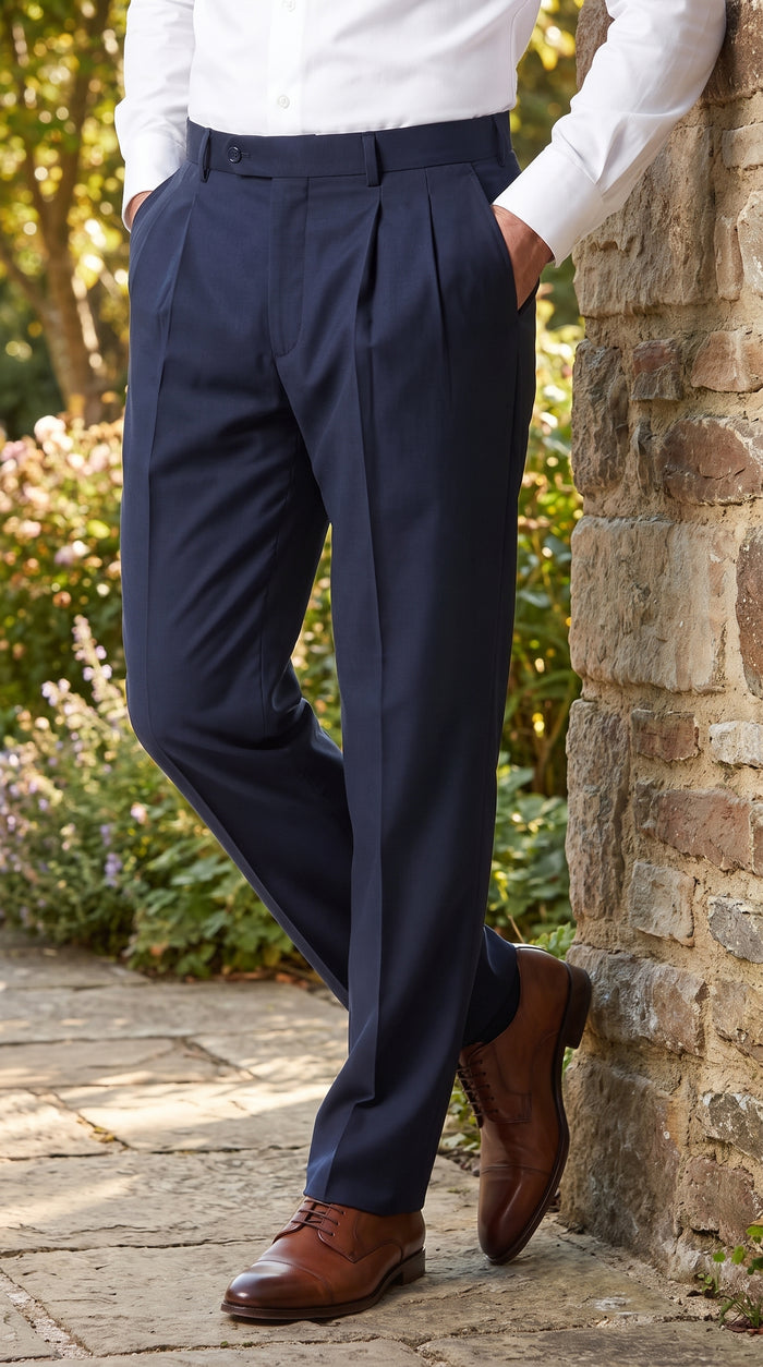 Men’s Navy Double Pleated Dress Pants, Formal Slacks for Business, Church and Special Events