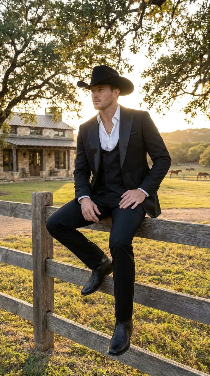 Men’s Black Western Tuxedo Suit with Satin Shawl Lapel, Double Breasted Vest Formal Cowboy Suit
