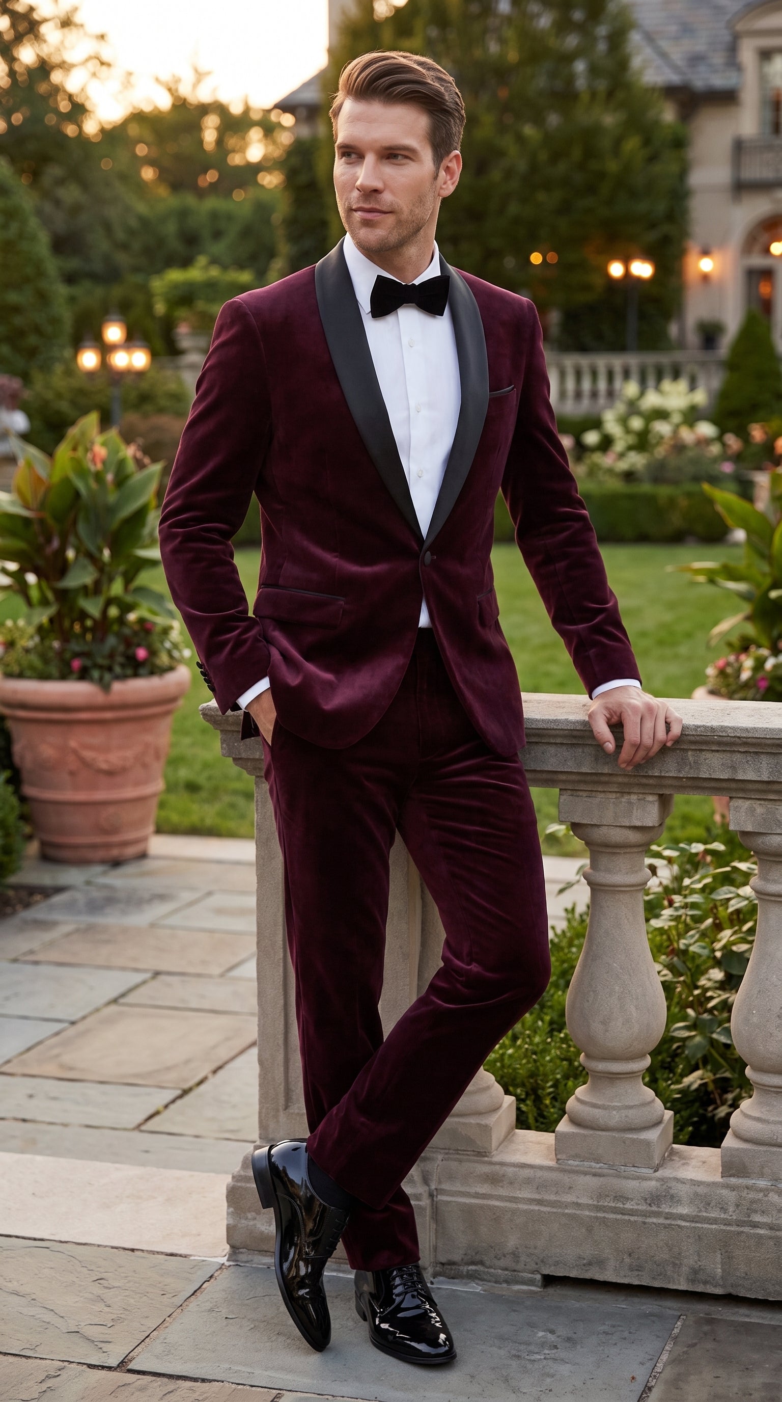 Men’s Maroon and Black Tuxedo Suit, 1 Button Burgundy Shawl Lapel Formal Wedding Prom Suit