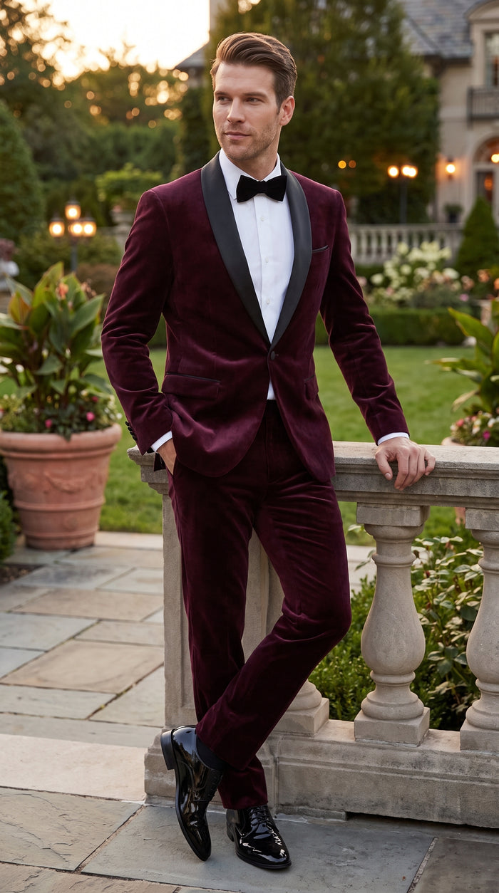 Men’s Maroon and Black Tuxedo Suit, 1 Button Burgundy Shawl Lapel Formal Wedding Prom Suit