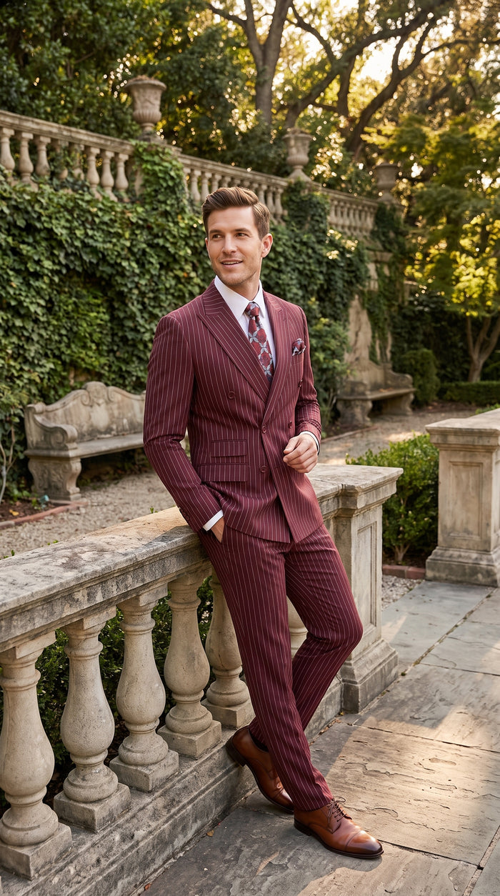 Men’s Maroon Pinstripe Double Breasted Suit, 6 Button Peak Lapel Formal Wedding Business Suit
