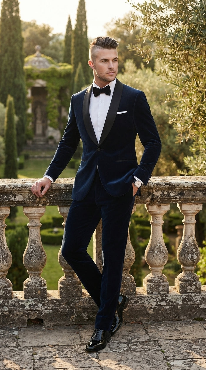 Men’s 007 James Bond Navy Wool Tuxedo – Black Satin Shawl Lapel Wedding and Formal Suit