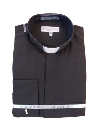 Men's Mandarin Banded Collar FrenchCuff Pastor Preacher Preacher Round Style Long Sleeve Black collarless Shirt