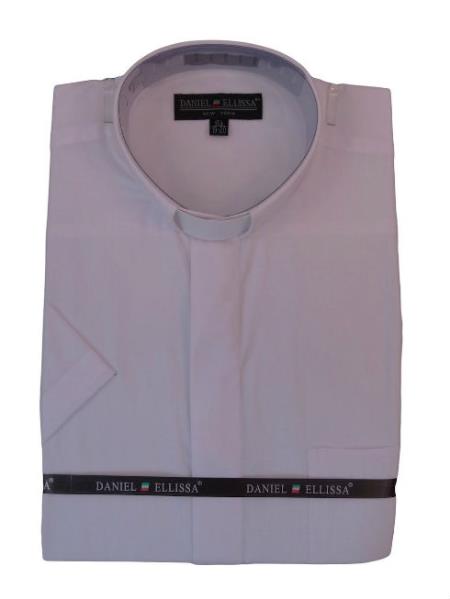Men's Mandarin Banded Collar Pastor Preacher Minister Short Sleeve Preacher Round Style White collarless Shirt