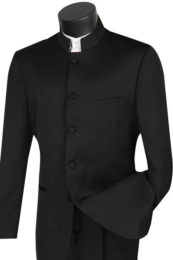 Men’s Black Mandarin Banded Collar Tuxedo, 5 Button Formal Wedding Prom Suit
