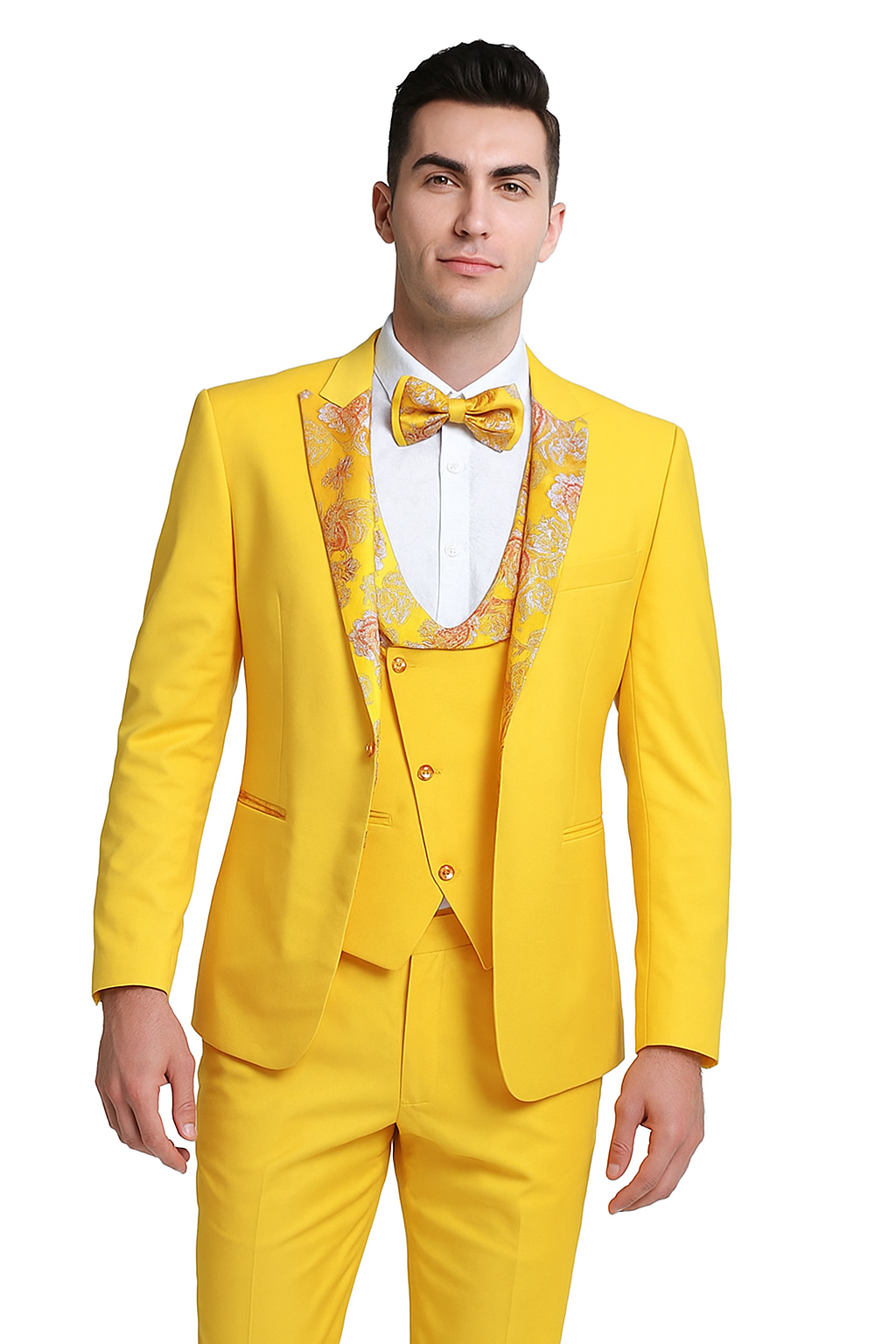 Radiant Golden Bloom 3-Piece Floral Lapel Suit