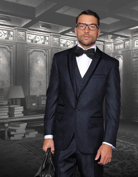 Men's Slim Fit Suit - Fitted Suit - Skinny Suit Men's Blue Two Toned Black Lapel Tuxedo Formal Suits
