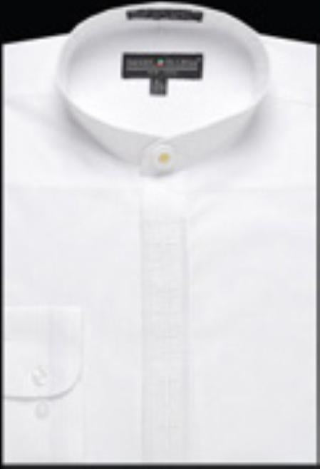 Men's Collarless Embroidered Mandarin Banded Collar Preacher Round Style White Men's Dress Shirt White / XL 17.5” Neck / 36” Sleeve