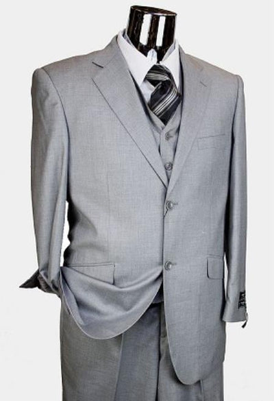 Men's Solid Light Gray ~ Grey 3 Pieces Vested 2 Two Buttons Suit + Free Shirt & Tie mensusa