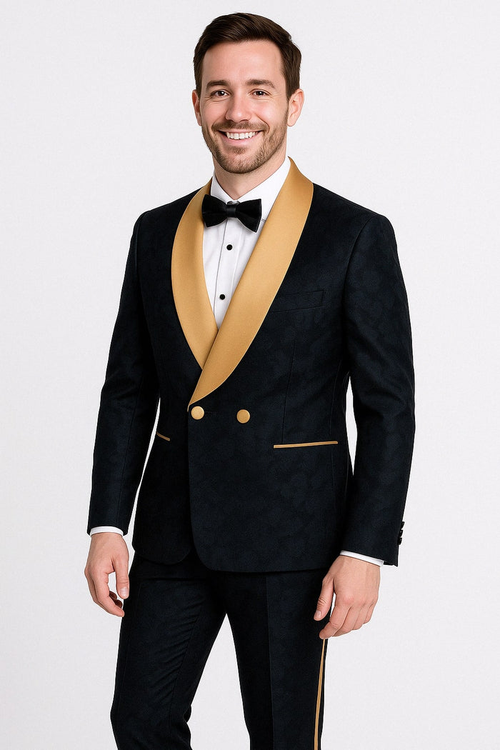 Black & Gold Jacquard Shawl Lapel Tuxedo for Men