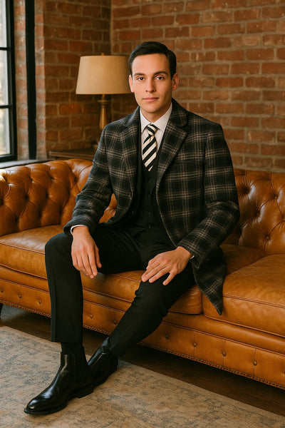 Windowpane Plaid Wool Blend Men's Overcoat