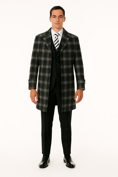 Windowpane Plaid Wool Blend Men's Overcoat
