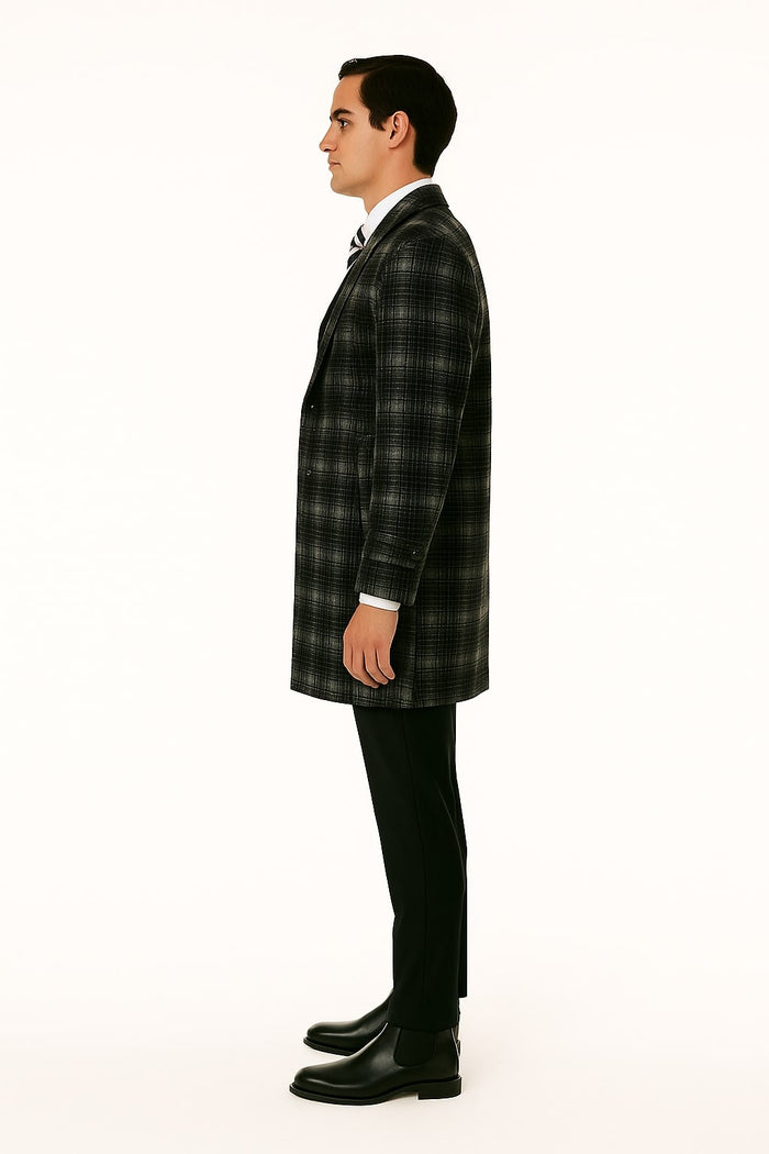 Windowpane Plaid Wool Blend Men's Overcoat