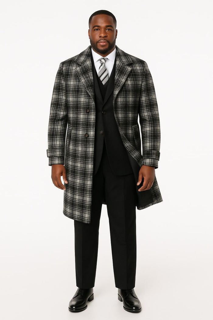 Windowpane Plaid Wool Blend Men's Overcoat