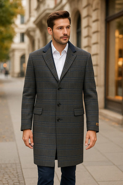 Blue & Grey Glen Plaid Wool Overcoat, Chesterfield Collar