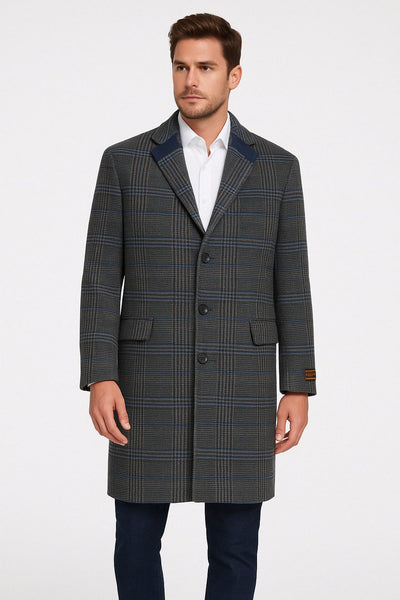 Blue & Grey Glen Plaid Wool Overcoat, Chesterfield Collar