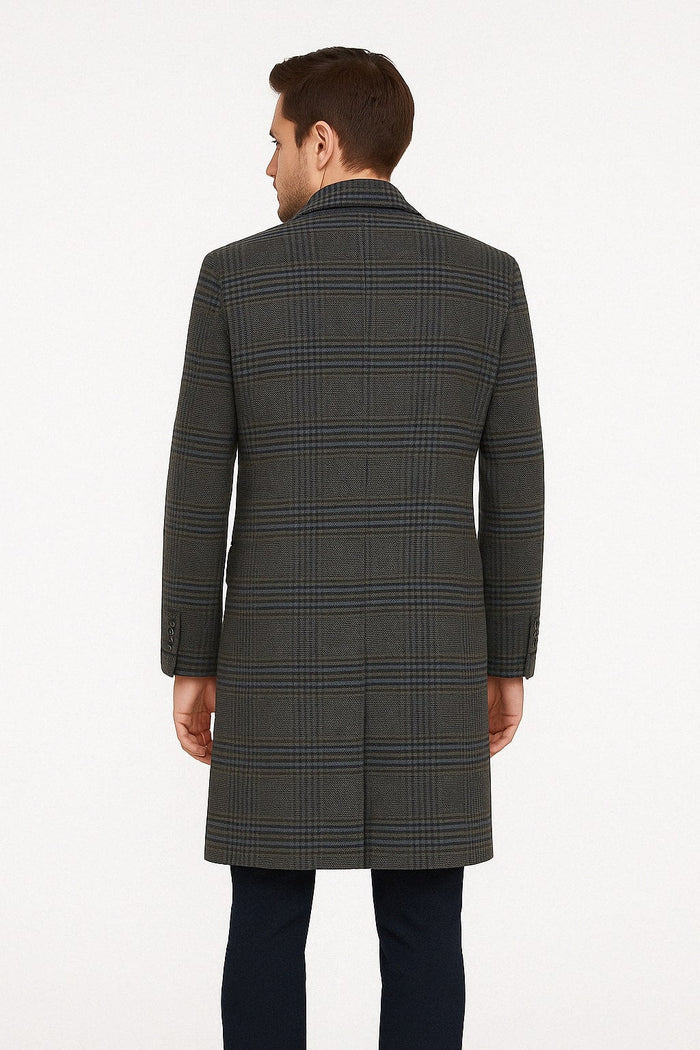 Blue & Grey Glen Plaid Wool Overcoat, Chesterfield Collar