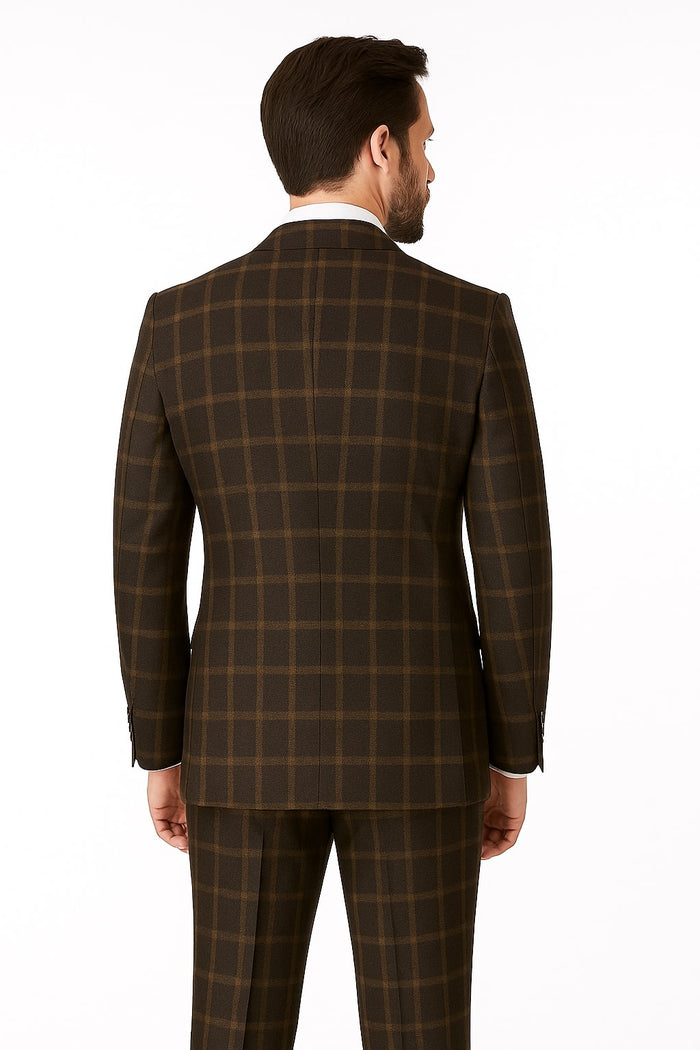 Men's Brown Double-Breasted Wool Plaid Suit
