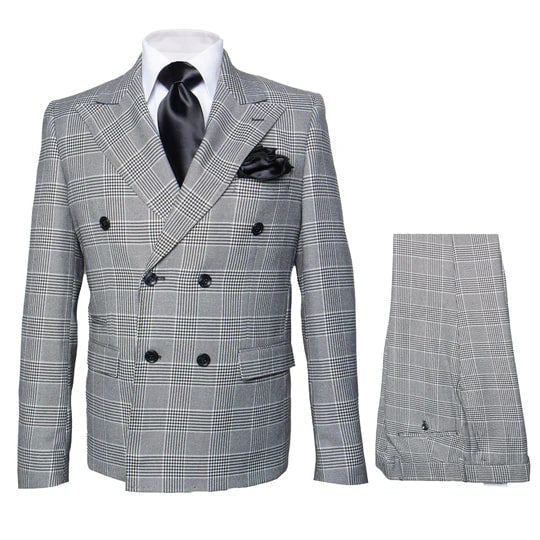 Grey Glen Plaid Double-Breasted Suit for Men