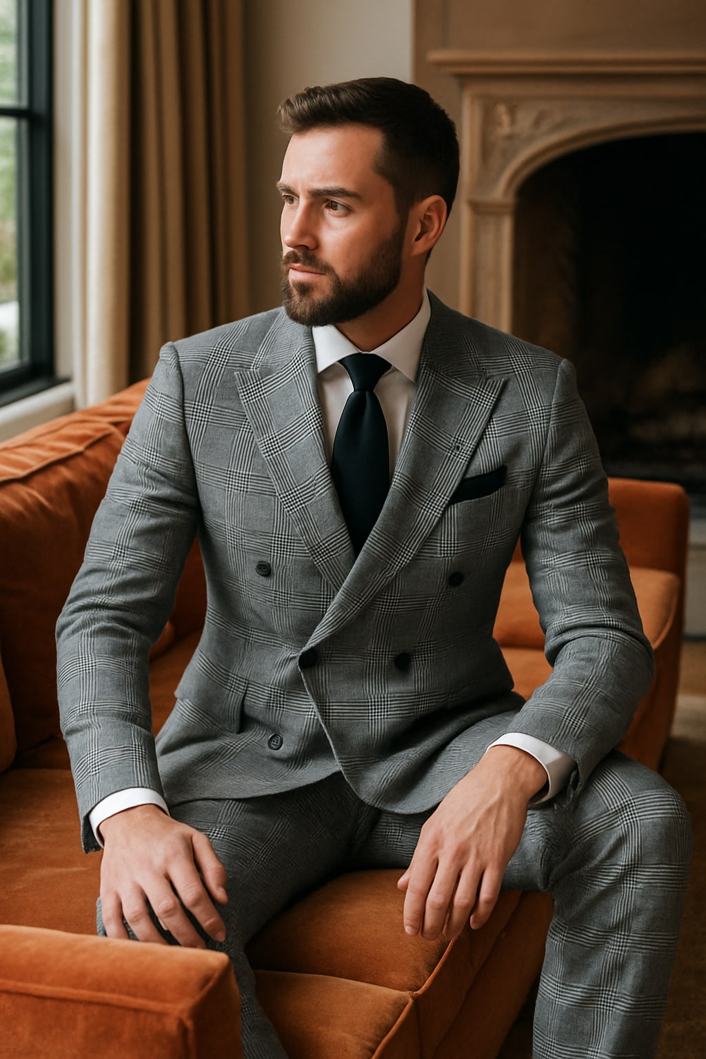 Grey Glen Plaid Double-Breasted Suit for Men