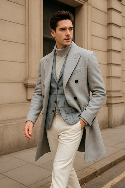 Light Gray Double-Breasted Overcoat 3-Piece Set