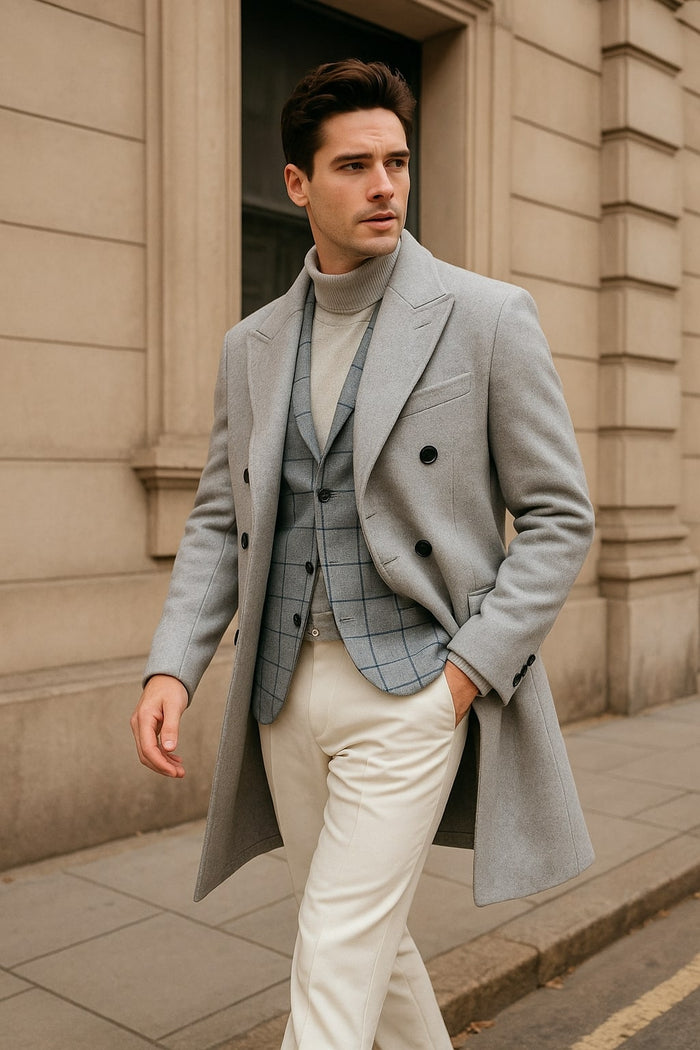 Light Gray Double-Breasted Overcoat 3-Piece Set