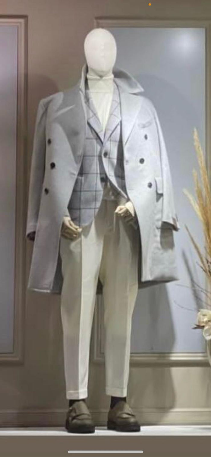 Light Gray Double-Breasted Overcoat 3-Piece Set
