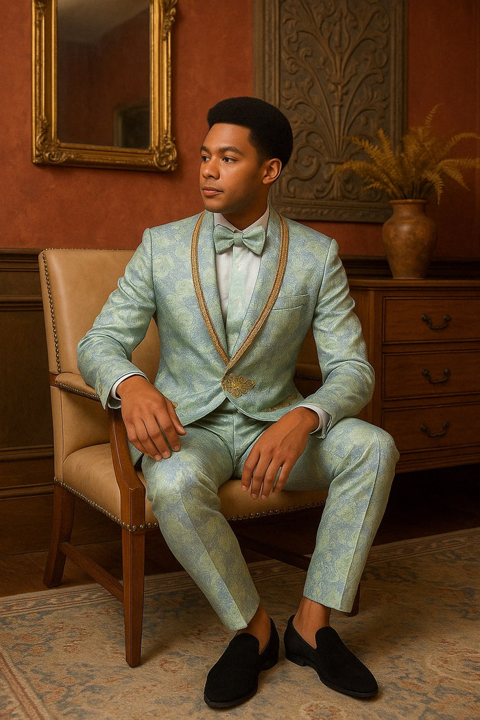 Mint Green Brocade Blazer with Gold Trim