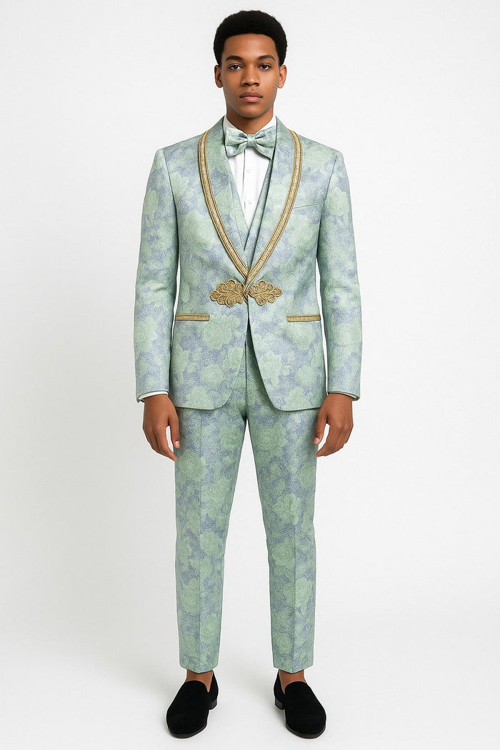Mint Green Brocade Blazer with Gold Trim