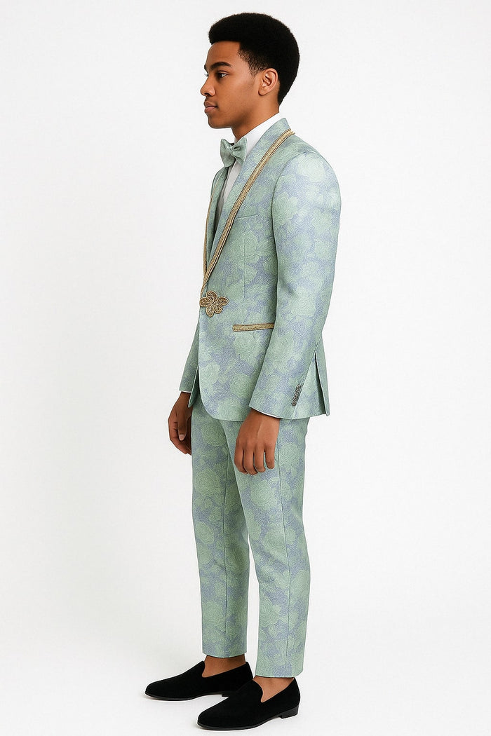 Mint Green Brocade Blazer with Gold Trim