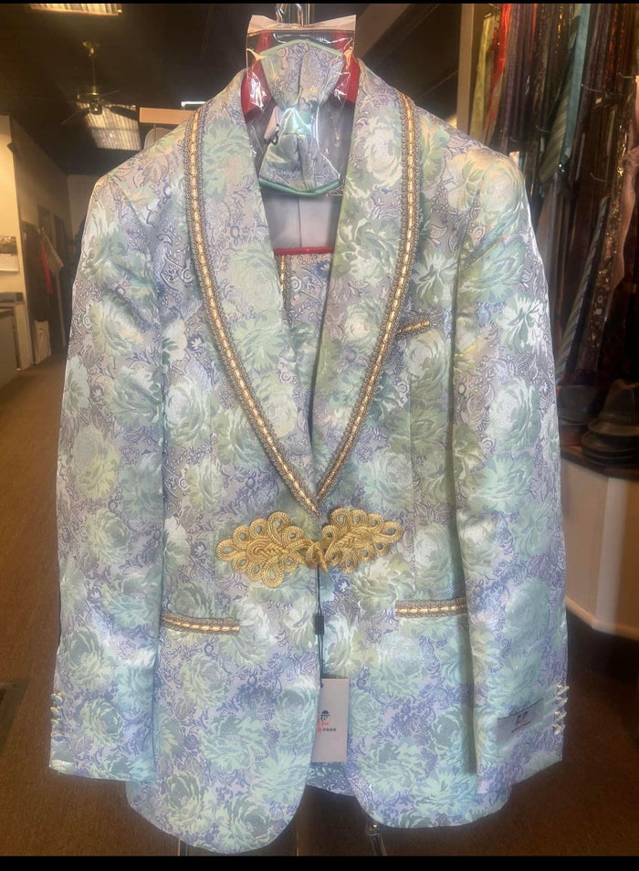 Mint Green Brocade Blazer with Gold Trim