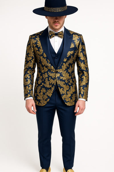 Navy Blue & Gold Baroque Tuxedo 3-Piece Set