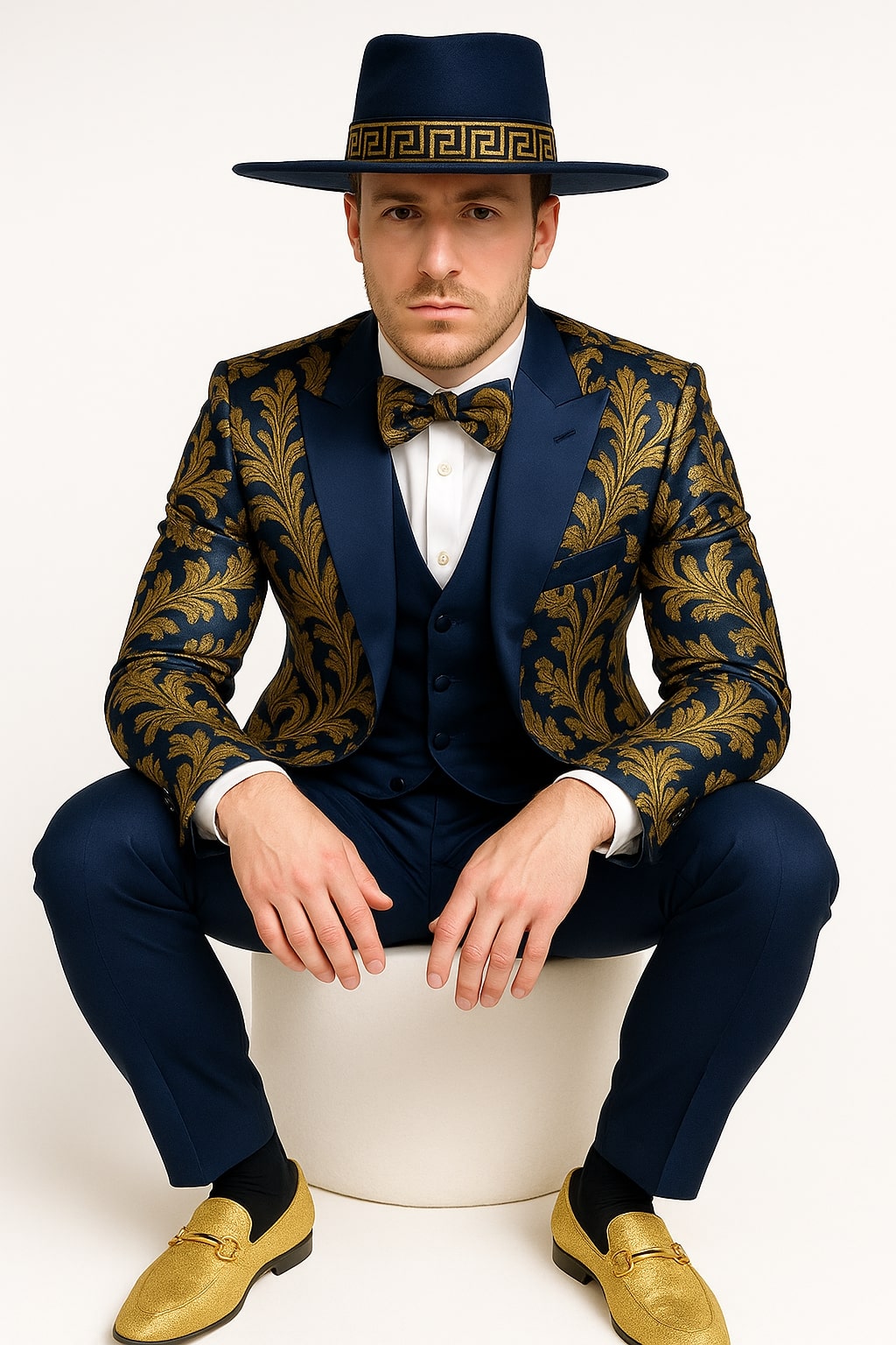 Navy Blue & Gold Baroque Tuxedo 3-Piece Set