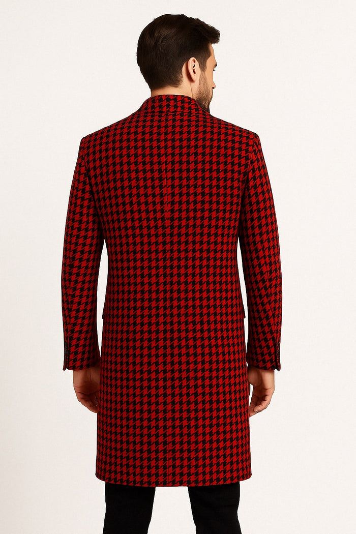 Red and Black Houndstooth Wool Overcoat