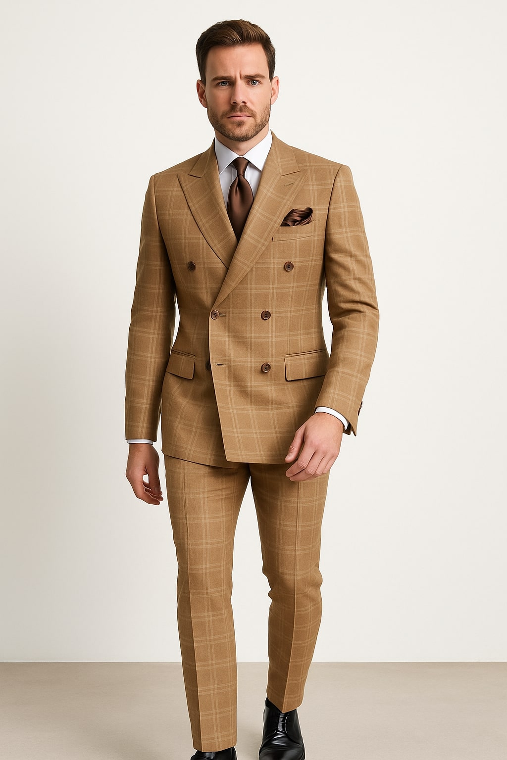 Men's Tan Plaid Double-Breasted Suit by Rossiman