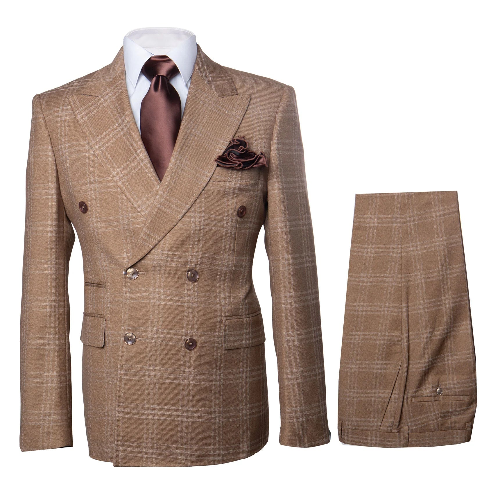 Tan Windowpane Plaid Double-Breasted Suit
