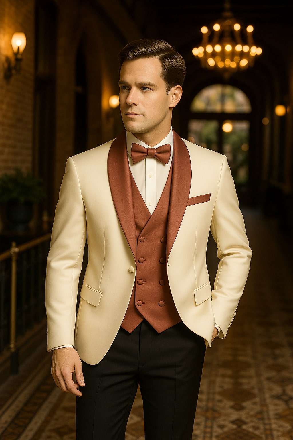 White & Rose Gold Tuxedo with Mauve Vest and Bow Tie