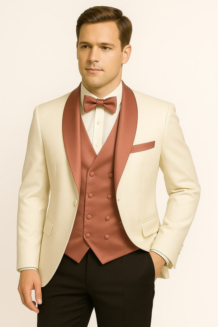 White & Rose Gold Tuxedo with Mauve Vest and Bow Tie
