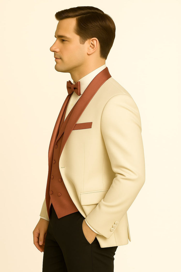White & Rose Gold Tuxedo with Mauve Vest and Bow Tie